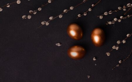 Easter eggs on a black background next to willow branches. Have a copy space