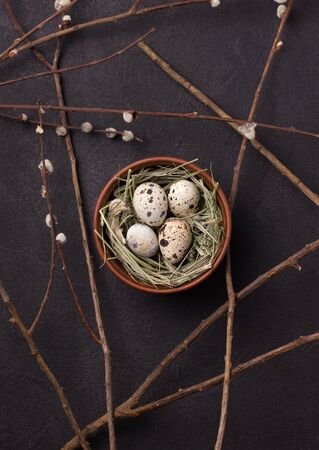 quail easter eggs on a black background in a clay bowl with hay and willow branches. Vertical imageの写真素材