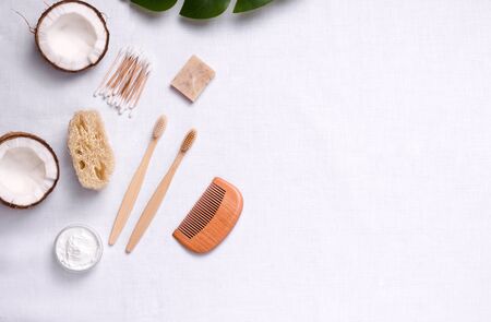 wooden bath accessories. have copy space. Zero waste conceptの写真素材