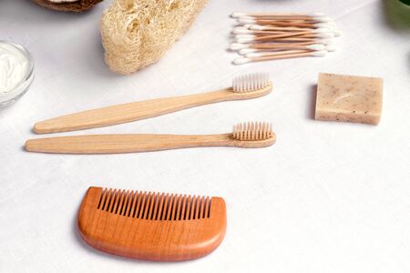 wooden bath accessories close-up. Zero waste conceptの写真素材