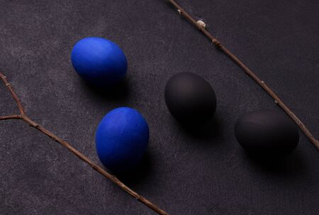 blue and black easter eggs on a black background next to the willows. close-upの写真素材