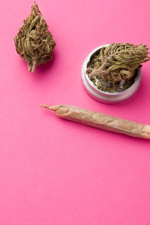 marijuana in a vertical orientation on a pink background. copy spaceの写真素材
