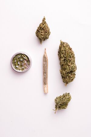 branches of marijuana on a white background in a high angle next to a hemp cigaretteの写真素材