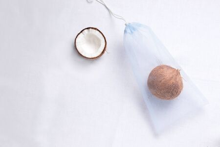 blue eco bag with coconut. There is copy space. Zero wasteの写真素材