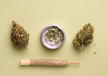 dry shredded marijuana in a grinder on a green backgroundの写真素材