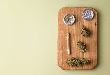 marijuana on a wooden board. copy spaceの写真素材
