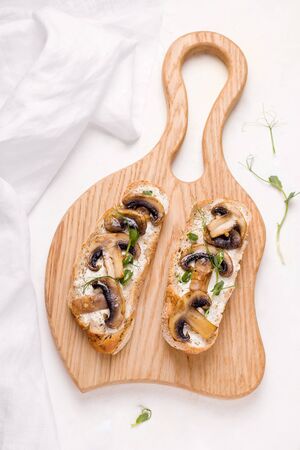Bruschetta is a traditional Italian appetizer. sandwich with mushrooms and micro greens on a white background.の写真素材