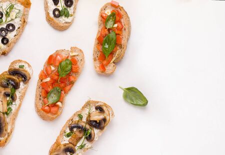 different types of bruschetta sandwich on a white background. copy spaceの写真素材