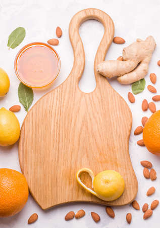 Food useful for immunity. Lemon in honey-sugar syrup on a white background. Copy spaceの写真素材