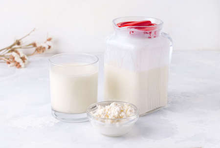Dairy products on a white background kefir, milk, granules of bacteria. Fermented foodの写真素材