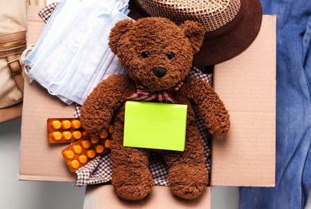 Donation concept. In the box, things, medicines and personal protective equipment.