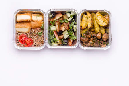 Food Delivery Concept. Food container on a white background, top view. Copy spaceの写真素材