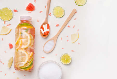 Sports fortified isotonic drinks with collagen in a bottle on a white background. Copy spaceの写真素材