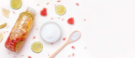 The concept of sports drinks with collagen. Collagen powder on a white background. Copy spaceの写真素材