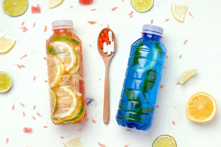 Isotonic fortified drinks on white backgroundの写真素材
