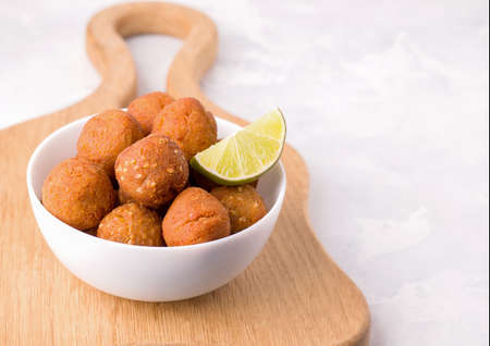 Middle Eastern cuisine. Vegan dish of chickpea falafel on a gray background. Copy spaceの写真素材