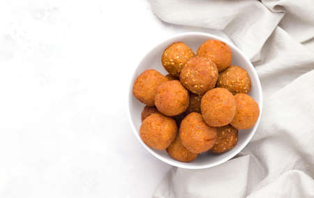 Middle Eastern cuisine concept. Falafel on a white background. Copy spaceの写真素材