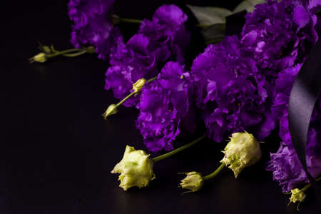 Purple mourning flowers on a black background. Copy spaceの写真素材