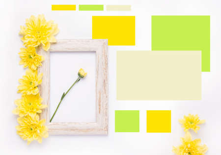 Mood Board on a white background with yellow flowers in a frame.の写真素材