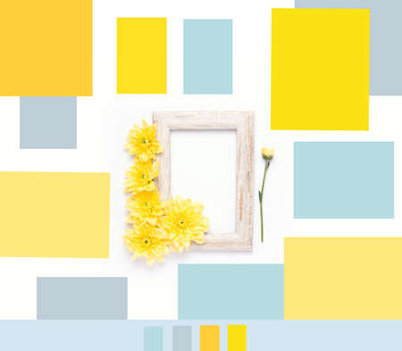 Mood Board with mockup. On white background summer composition with yellow flowers and wooden frameの写真素材