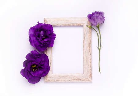 Photo frame with purple flowers on white backgroundの写真素材