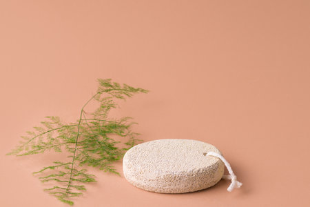 Minimalistic abstract beige background. Empty podium of light stoneの写真素材