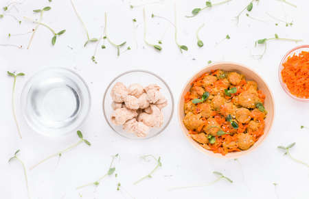 Ingredients for cooking soy meat on a white background. View from aboveの写真素材