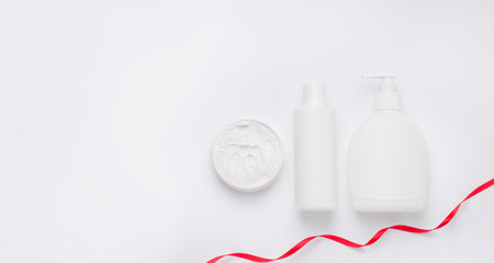 Mockup of cosmetics on a white background. Copy space. View from above.の写真素材