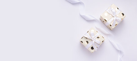 Holiday gift concept. Two packages on a white background. Copy space. Bannerの写真素材