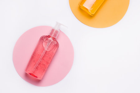 Raspberry shower gel on a white background. copy spaceの写真素材