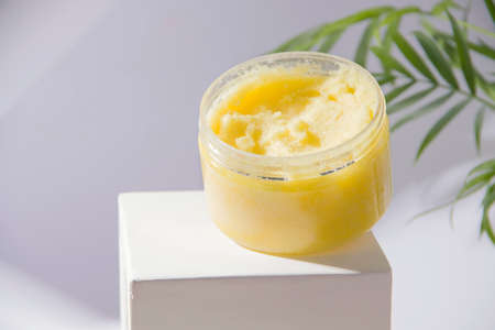 Scrub yellow on a pedestal. Copy space.の写真素材