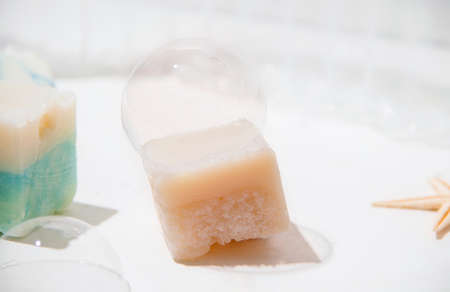 Natural soap close up on white background