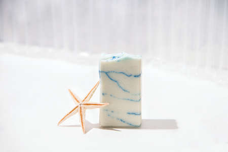Soap on a white background next to marine accessoriesの写真素材