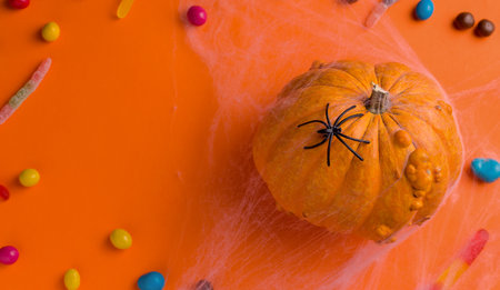 Halloween holiday concept. On an orange background, pumpkin and sweets. View from above. Copy spaceの写真素材