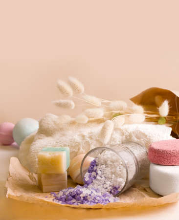 Bathroom set on a beige background. Copy spaceの写真素材