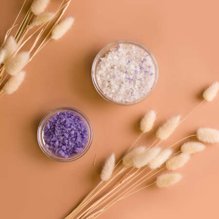 Bath salt on beige backgroundの写真素材