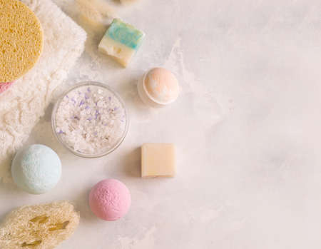Set of products for taking a bath on a gray background. Copy spaceの写真素材