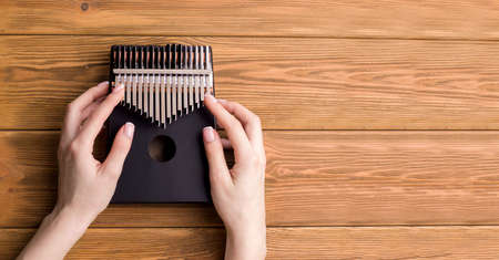 Kalimba musical instrument on a wooden background. Copy space. Banner