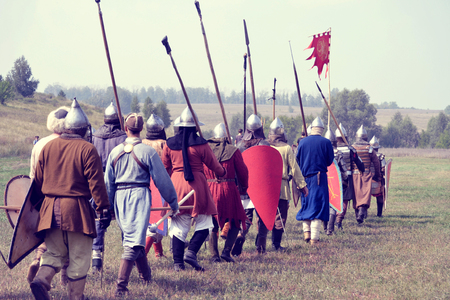 Samara, Russia, the festival of historical reconstruction ancient Russia ages 11-13 - August 11, 2013: detachment of soldiers go on the field of historical reconstruction of Kievan Rus, the filterのeditorial素材