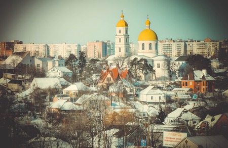 Bila Tserkva, Ukraine. March 25, 2013:-urban view with a temple with yellow domesのeditorial素材