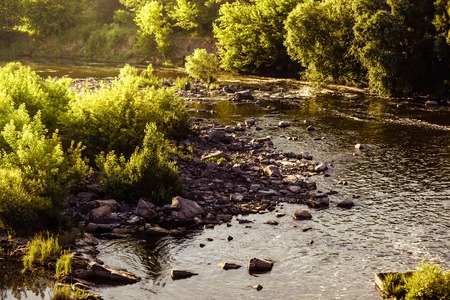 small river with rocky shores and trees, filterの写真素材