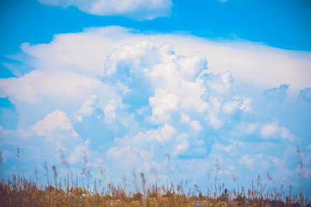 background sky and white clouds and a narrow line of the field with grassの写真素材