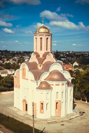 Old Russian-style church in a city, view from aboveの写真素材
