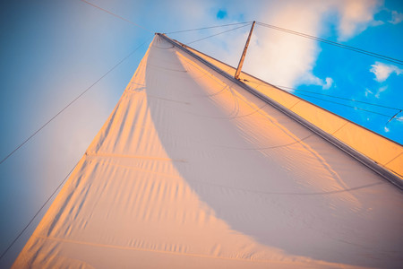white sail at sunset on a background of blue sky, filterの写真素材