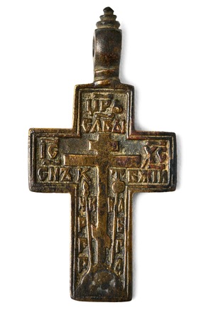 Christian cross old isolated on white backgroundの写真素材