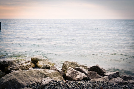 rocky beach on a cloudy day near the Black Sea, Crimeaの写真素材
