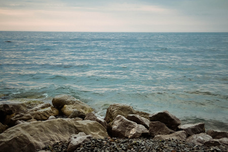 rocky beach on a cloudy day near the Black Sea, Crimeaの写真素材