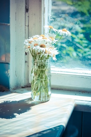 bouquet of daisies in a glass bank on a table near the window, filterの写真素材