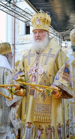 Kiev, Ukraine, celebration liturgy in honor of the baptism of Rus in Kiev Pechersk Lavra - 27 July 2013 -: Patriarch Kirill Gundyaev blesses people Close-up portraitのeditorial素材