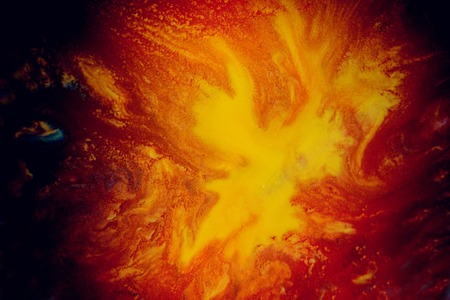 bursts of multicolored paints and mixed together white paper. Drawn splashes of paints of different colors on white surface. Blue, yellow, red, green color. Spreading spraying flow leak stream mixingの写真素材